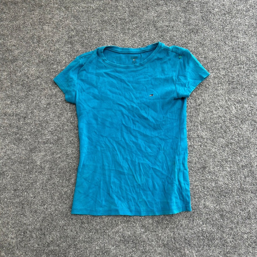 Tommy Hilfiger T-Shirt Womens Size S Teal Blue Slim Fit Cotton Embroidered Logo